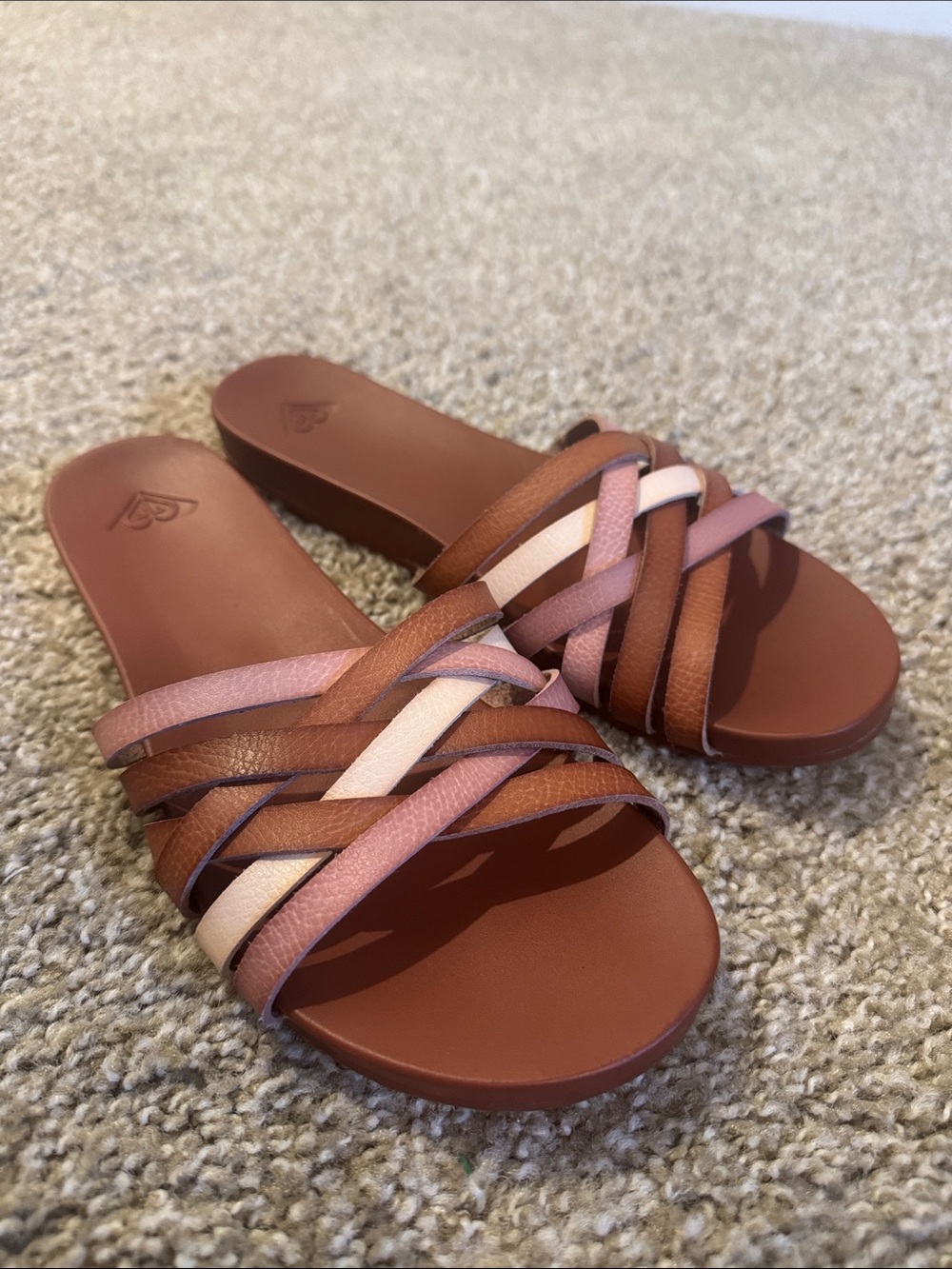 Roxy Brown, Pink and Cream Braided Slide leather Sandals